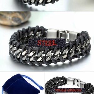 BLACK LEATHER GUNMETALCUBAN CHAIN BRACELET TOUGH !